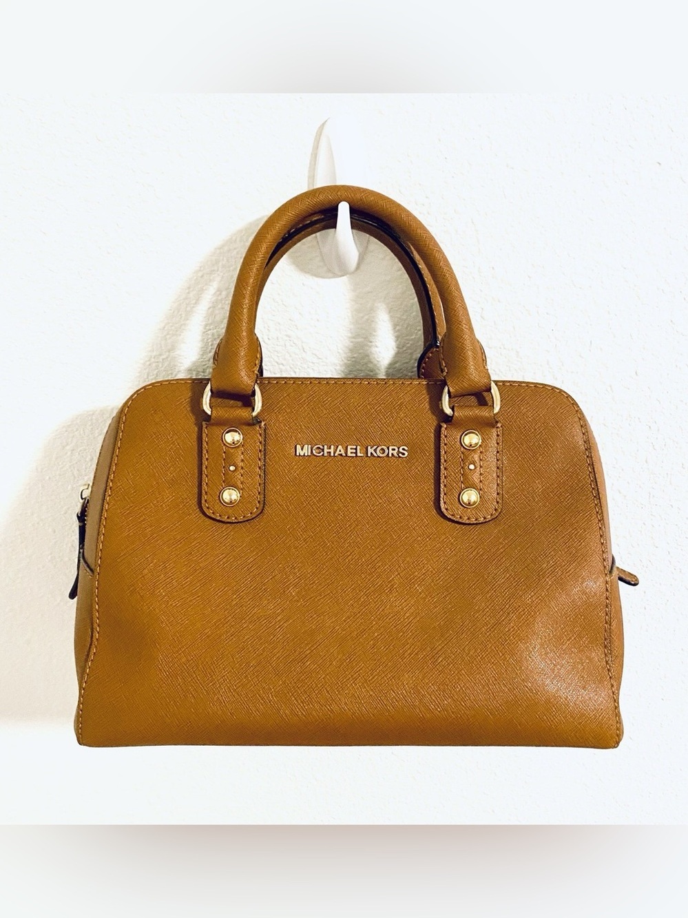 Michael Kors Tan Saffiano Leather Satchel with Gold Hardware